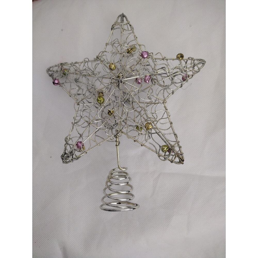 Silver Metal Wire Star Christmas Tree Topper Jingle Bells Glitter Holiday Decor